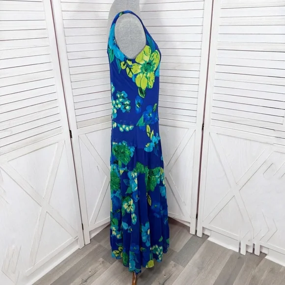 New Directions Tropical Flower Print Tiered Maxi Slip Dress Blue Green 10 - Picture 3 of 11